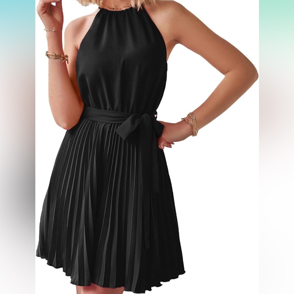 NWOT Halter Neck Black Pleated A Line Dress